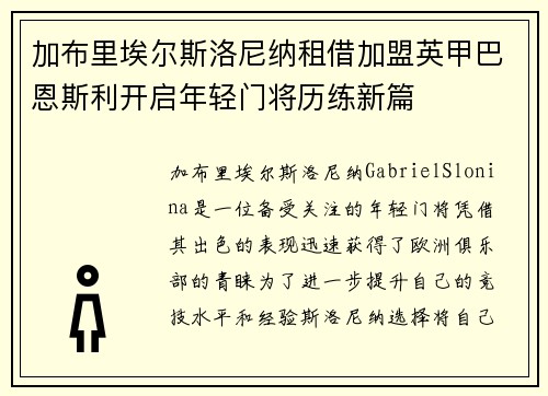 加布里埃尔斯洛尼纳租借加盟英甲巴恩斯利开启年轻门将历练新篇